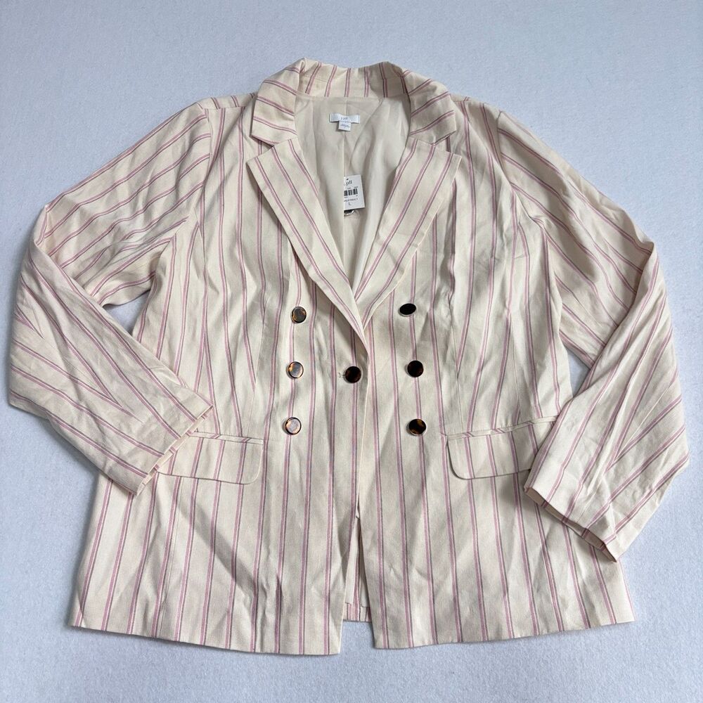 J. Jill Linen Blend Striped Double-Breasted Blazer Women's L Cream Pink Career